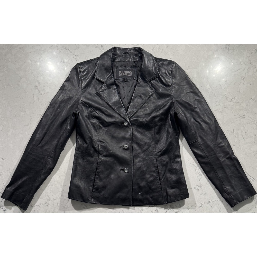 VTG 90s Wilsons Leather Pelle Studio Blazer‎ Jacket Womens Medium Black Lined